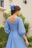 Dusty Blue A Line 3/4 Manga Chiffon Vestido de Noiva com Missangas