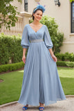 Dusty Blue A Line 3/4 Manga Chiffon Vestido de Noiva com Missangas