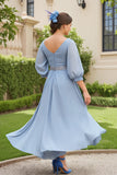 Dusty Blue A Line 3/4 Manga Chiffon Vestido de Noiva com Missangas