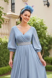 Dusty Blue A Line 3/4 Manga Chiffon Vestido de Noiva com Missangas