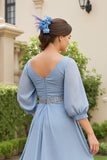 Dusty Blue A Line 3/4 Manga Chiffon Vestido de Noiva com Missangas