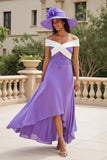Purple Chiffon Uma linha alta-baixa fora do ombro vestido de casamento convidado