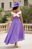 Purple Chiffon Uma linha alta-baixa fora do ombro vestido de casamento convidado