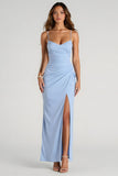 Esparguete azul claro correias bainha Ruched longo vestido de dama de honra