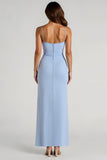 Esparguete azul claro correias bainha Ruched longo vestido de dama de honra