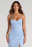 Esparguete azul claro correias bainha Ruched longo vestido de dama de honra
