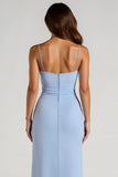 Esparguete azul claro correias bainha Ruched longo vestido de dama de honra