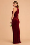 Borgonha High Neck Bainha Veludo Vestido Longo Madrinha
