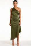Olive One Shoulder cetim chá comprimento vestido dama de honra