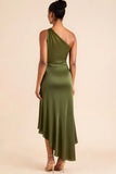 Olive One Shoulder cetim chá comprimento vestido dama de honra