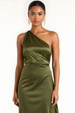 Olive One Shoulder cetim chá comprimento vestido dama de honra