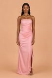 Blush Strapless bainha cetim Ruched longo vestido de dama de honra