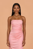 Blush Strapless bainha cetim Ruched longo vestido de dama de honra