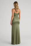 Cetim Azeitona Ruched Esparguete Correias Long Sheath Vestido Madrinha