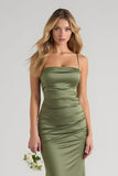 Cetim Azeitona Ruched Esparguete Correias Long Sheath Vestido Madrinha