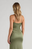 Cetim Azeitona Ruched Esparguete Correias Long Sheath Vestido Madrinha