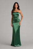 Esparguete Verde Escuro Correias Cetim Sereia Longo Vestido de Dama de Honra