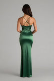 Esparguete Verde Escuro Correias Cetim Sereia Longo Vestido de Dama de Honra
