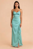 Mint Verde Cetim Esparguete Correias Bainha Vestido Longo Madrinha