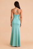 Mint Verde Cetim Esparguete Correias Bainha Vestido Longo Madrinha