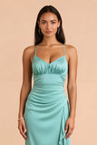 Mint Verde Cetim Esparguete Correias Bainha Vestido Longo Madrinha