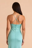 Mint Verde Cetim Esparguete Correias Bainha Vestido Longo Madrinha