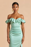 Mint Verde Fora do Ombro Bainha de Cetim Vestido Longo Madrinha