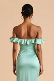 Mint Verde Fora do Ombro Bainha de Cetim Vestido Longo Madrinha