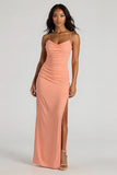 Sunset Espaghetti Correias Ruched Bainha Long Vestido de Dama de Honra com Fenda