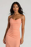 Sunset Espaghetti Correias Ruched Bainha Long Vestido de Dama de Honra com Fenda