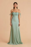 Sage Green fora do ombro Chiffon plissado A-Line Long Bridesmaid Dress