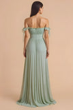 Sage Green fora do ombro Chiffon plissado A-Line Long Bridesmaid Dress