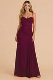Borgonha Spagheeti Correias Ruched Bainha Vestido Longo Madrinha