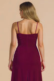 Borgonha Spagheeti Correias Ruched Bainha Vestido Longo Madrinha