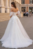 Off The Shoulder Marfim Appliqued A Line Sweep Train Vestido de Noiva