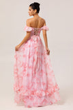Flor de champanhe fora do ombro espartilho A-Line vestido de dama de honra com fenda
