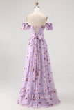 Flor de champanhe fora do ombro espartilho A-Line vestido de dama de honra com fenda