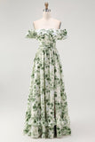Verde Floral Uma linha fora do ombro babado vestido de dama de honra