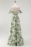 Verde Floral Uma linha fora do ombro babado vestido de dama de honra