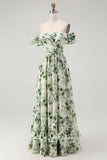 Verde Floral Uma linha fora do ombro babado vestido de dama de honra