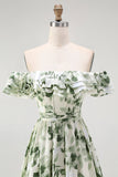 Verde Floral Uma linha fora do ombro babado vestido de dama de honra