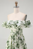 Verde Floral Uma linha fora do ombro babado vestido de dama de honra