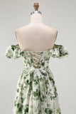 Verde Floral Uma linha fora do ombro babado vestido de dama de honra