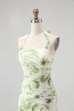 Flor Verde A-Line Halter plissado longo vestido de dama de honra
