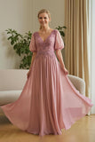 Dusty Rose Chiffon Appliqued Uma Linha Mãe do Vestido da Noiva com Mangas Puff