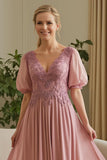 Dusty Rose Chiffon Appliqued Uma Linha Mãe do Vestido da Noiva com Mangas Puff