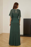 Vestido verde escuro da mãe da noiva com mangas Flutter