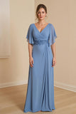 Dusty Blue A Line V Neck Chiffon Vestido Mãe da Noiva com Apliques