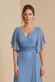 Dusty Blue A Line V Neck Chiffon Vestido Mãe da Noiva com Apliques