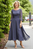 Cinzento Elegante Uma Linha Chiffon Boat Neck Midi Mãe do Vestido da Noiva